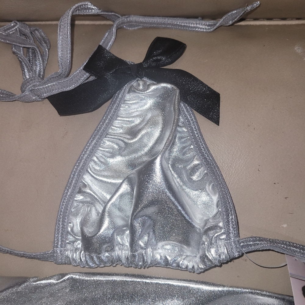 NWT Dreamgirl Sexy Lame Bikini Tri-Top, Thong, & Skirt Lingerie Stripper Set - Picture 4 of 12